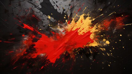 Photo of a vibrant abstract painting with splashes of red and yellow on a dark canvas