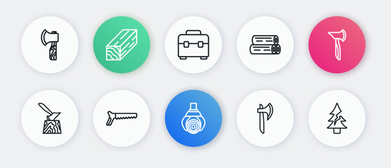 Set line Grapple crane grabbed a log, Wooden axe, in stump, Toolbox, Tree and Hand saw icon. Vector