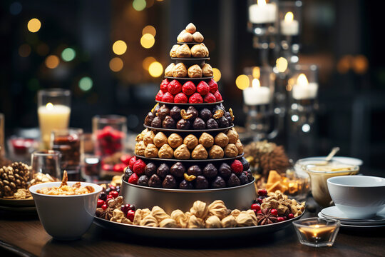Edible Christmas tree made from raw vegan sweets candies. New Year vegetarian treat food.