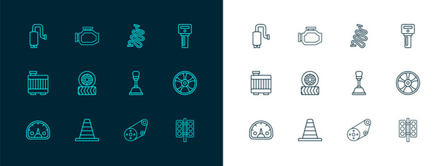 Set line Car key with remote, Traffic cone, Gear shifter, Timing belt kit, tire wheel, Racing track, muffler and Check engine icon. Vector