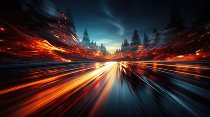 Fototapeta na wymiar night traffic on forest highway - generative ai