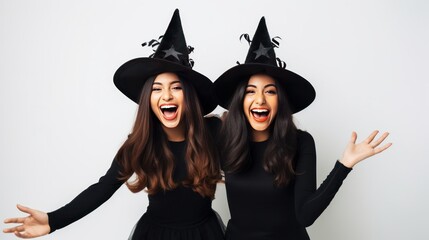 Two happy young women in black witch halloween costumes on party over white background