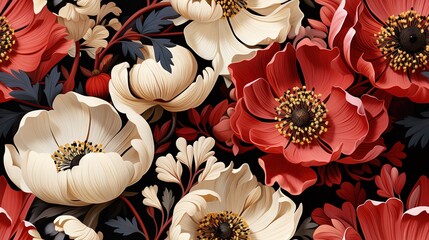  a bunch of red and white flowers on a black background.  generative ai