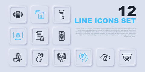 Set line Cloud computing lock, Security camera, Document and, Lock, Bomb, Open padlock and Shield with check mark icon. Vector