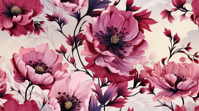  a pink and purple flower pattern on a white wallpaper.  generative ai