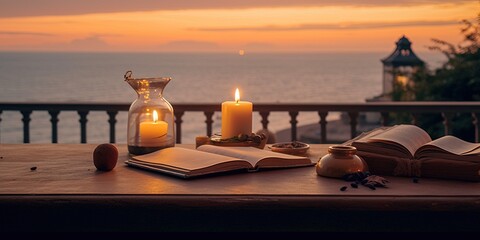 A table with a candle on it in front of a view of the ocean