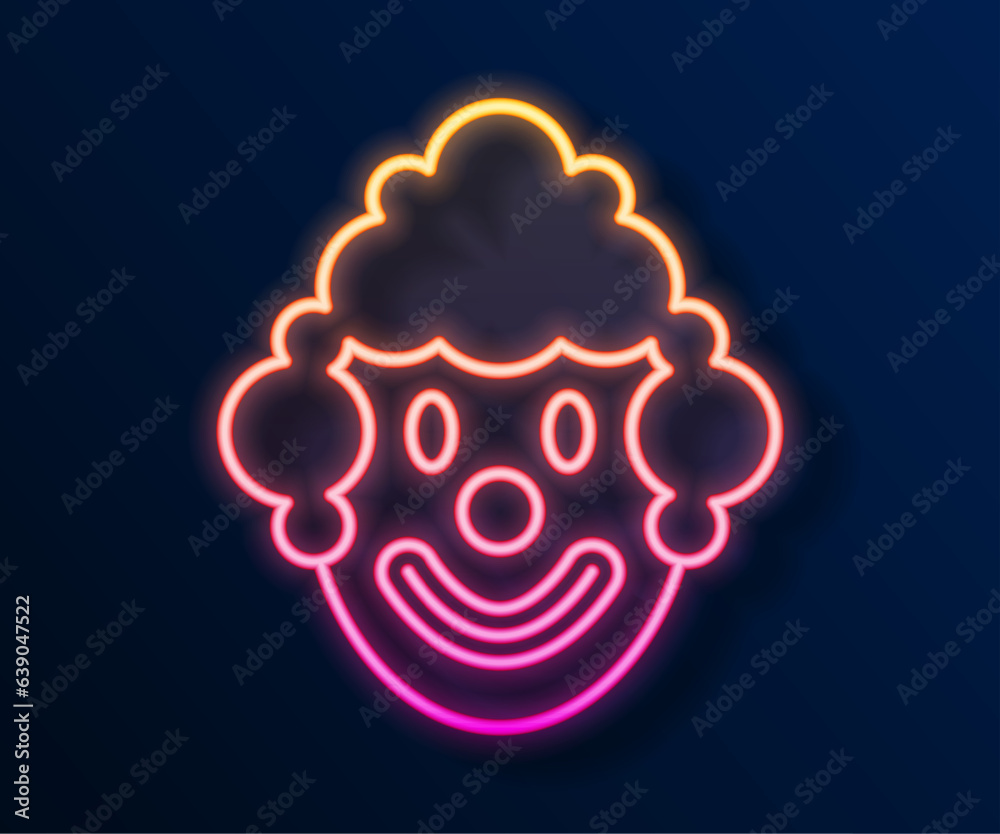 Poster Glowing neon line Clown head icon isolated on black background. Vector