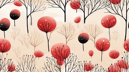  a pattern of red trees and bushes with snow on them.  generative ai