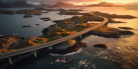 Fototapeta premium Aerial view of Atlantic road in Norway at sunset
