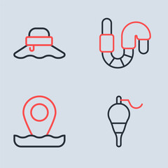 Set line Worm, Location fishing, Fishing float and Fisherman hat icon. Vector