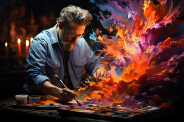 Obraz premium Colorful Chaos. Abstract artist splashing paint onto a canvas, showcasing the spontaneous nature of creativity. Generative Ai.