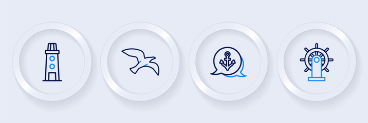 Set line Ship steering wheel, Anchor, Bird seagull and Lighthouse icon. Vector
