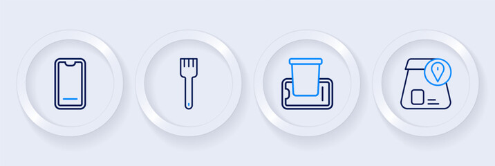 Set line Online ordering food, Food on mobile, Fork and icon. Vector