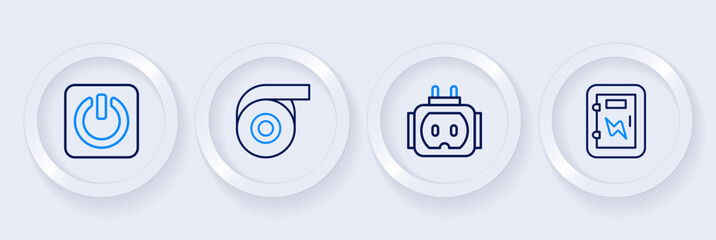 Set line Electrical panel, Tee plug electric, Roll adhesive tape and Power button icon. Vector