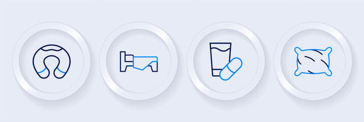 Set line Pillow, Sleeping pill, Bed and Travel neck pillow icon. Vector