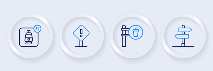 Set line Road traffic sign, Cafe and restaurant location, Exclamation mark in square and Online ticket booking icon. Vector
