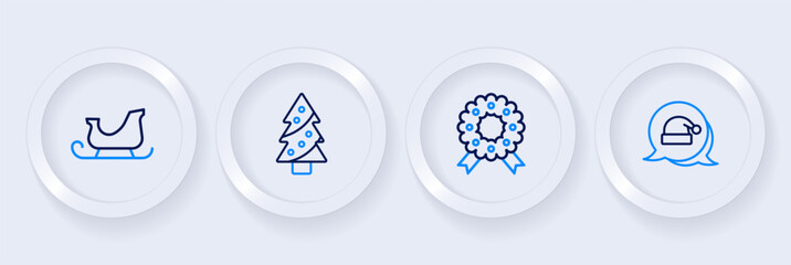 Set line Christmas Santa Claus hat, wreath, tree and santa claus sleigh icon. Vector