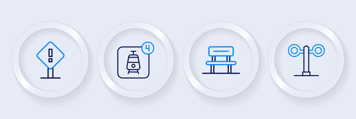 Set line Train traffic light, Waiting hall, Online ticket booking and Exclamation mark square icon. Vector