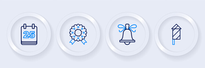 Set line Firework rocket, Christmas ringing bell, wreath and day calendar icon. Vector