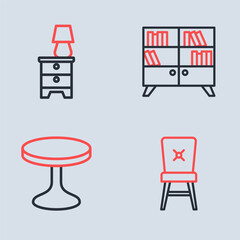 Set line Library bookshelf, Round table, Chair and Furniture nightstand with lamp icon. Vector