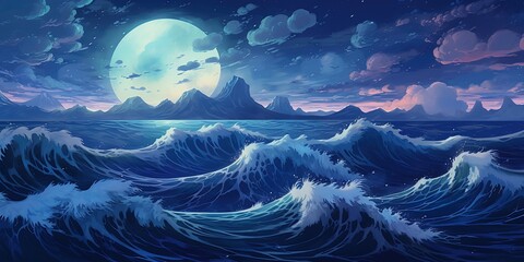 Anime waves on the ocean, moon in the sky