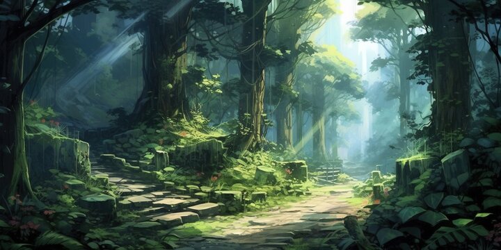 Anime landscape illustration, path and forest