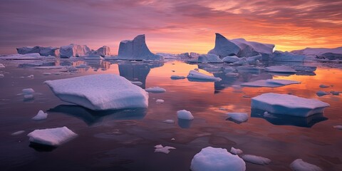 Arctic Icebergs at Sunset - obrazy, fototapety, plakaty
