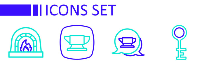 Set line Old key, Blacksmith anvil tool, and oven icon. Vector