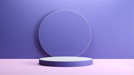 Round, flat, violet pedestal. Subtle, neon shades. Graceful, sleek lines. Next to the wall. Unoccupied area nearby.. ai generation