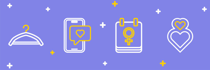 Set line Heart, Calendar with 8 March, Mobile heart and Hanger wardrobe icon. Vector