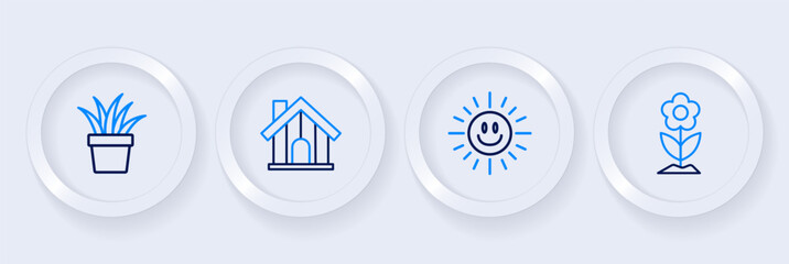 Set line Flower, Sun, Farm house and Plant in pot icon. Vector