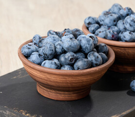 Ripe blueberries in a bowl on the table, healthy and tasty berry