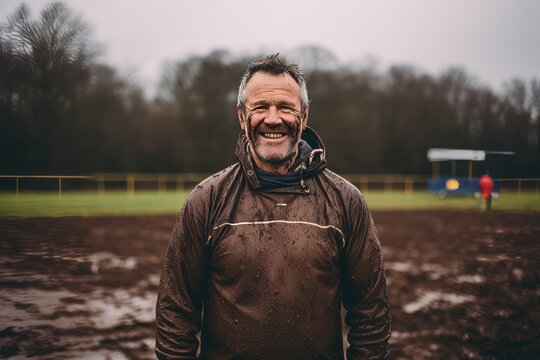 Portrait of an elderly man in the mud in the field.