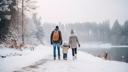 Father and mother with two small children in winter nature, walking in the snow