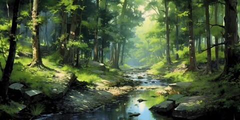 Beautiful landscape scene in the forest with a small river, anime painting