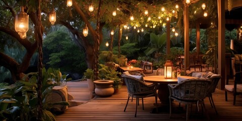 Obraz premium Beautifully lit patio at night with string lights and lanterns created