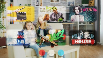 Mother and daughter watching entertaining content on holographic projector, relaxing at home on sofa enjoying time together on lazy day. Family bonding by spending time together streaming TV shows