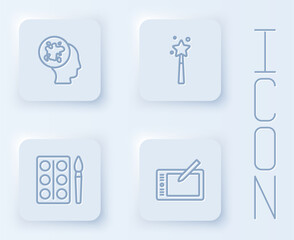 Fototapeta premium Set line Paint spray, Magic wand, Watercolor paints box and Graphic tablet. White square button. Vector