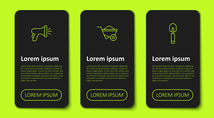 Set line Garden hose, Wheelbarrow and trowel spade or shovel. Business infographic template. Vector