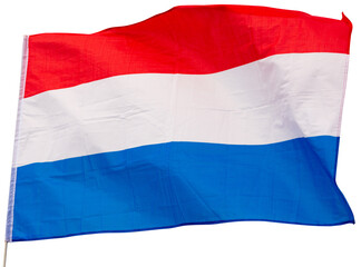 Close-up picture of national flag of Netherlands waved in breeze. Isolated over white background