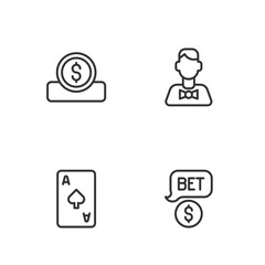 Set line Casino chip with dollar, Playing card spades symbol, Coin money and dealer icon. Vector