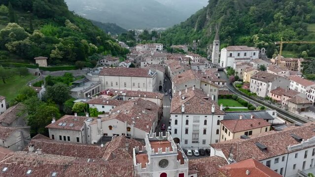 Aerial Drone View of Vittorio Veneto, historic city in Alps Mountains in Treviso province, Veneto, Italy