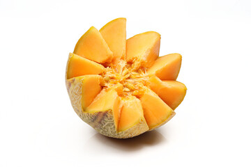 Half of the funny sliced cantaloupe melon isolated on white background