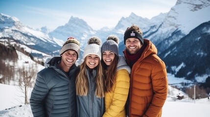 Four happy friends are standing and embracing against snow capped mountains at sunny day. Winter vacations concept