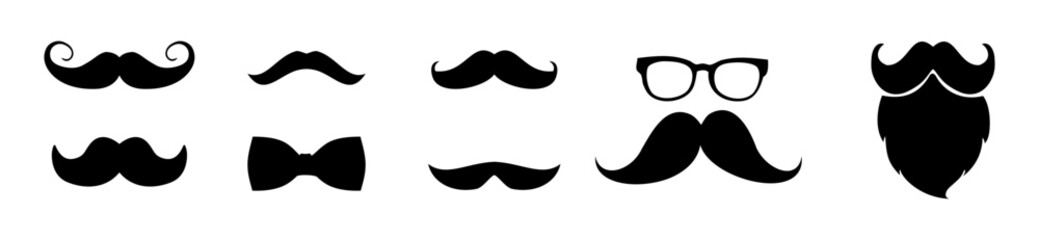 Moustache vector icon set. Whisker icons. Flat black moustache icon collection. Vector illustration