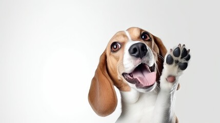 Friend. Portrait of funny active pet, cute dog Beagle posing isolated over white studio background. Concept of motion, action, pets love, animal life. Looks happy, delighted. Copyspace for ad