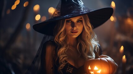 Halloween Witch with a carved Pumpkin and magic lights in a dark forest. Beautiful young surprised woman in witches hat and costume holding pumpkin. Wide Halloween party art design