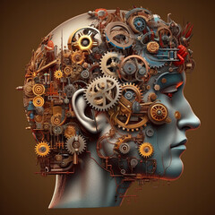 Man with mechanisms in his head. Technological man concept..