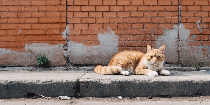 Cat lies by the wall on asphalt sidewalk on the street
