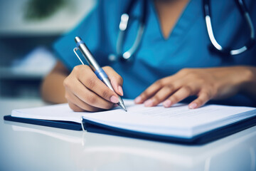 A caring nurse focused on her duties, meticulously jotting down notes in a notebook, showcasing dedication to patient care.